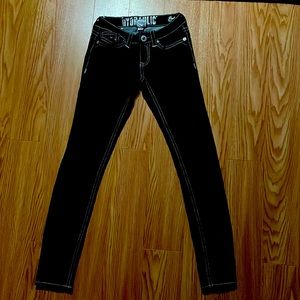 Hydraulic stretchy black jeans RHINESTONE pockets! size 3/4